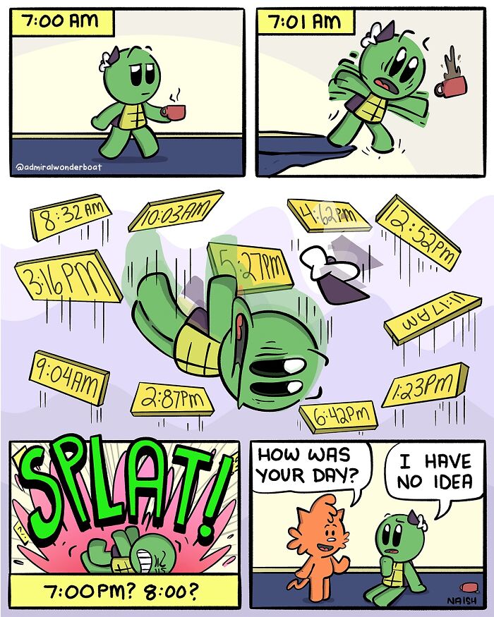 Comic panels showing a character struggling with time, highlighting humor in challenges and friendships in a colorful cartoon style.