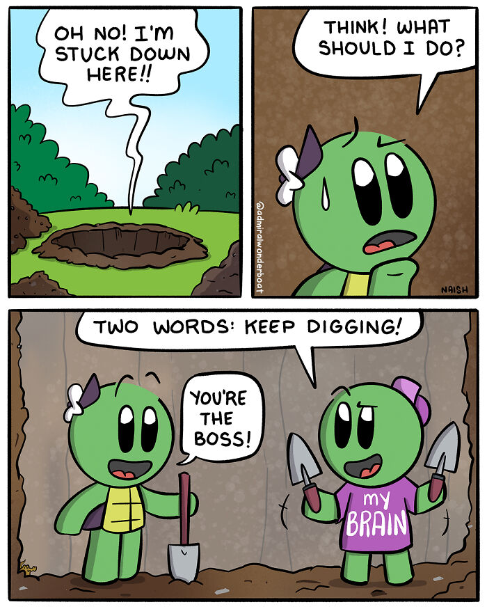 Comic featuring humorous characters facing challenges and friendships, encouraging persistence with digging and teamwork.