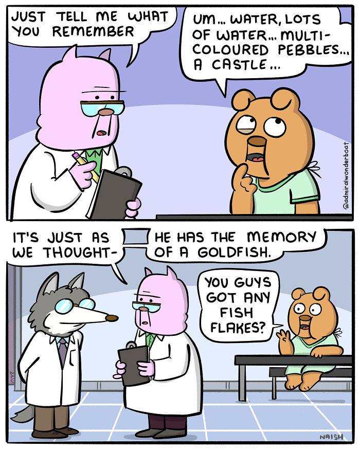 Comic panel showing animal doctors discussing a patient’s memory, highlighting humor in challenges and friendships.