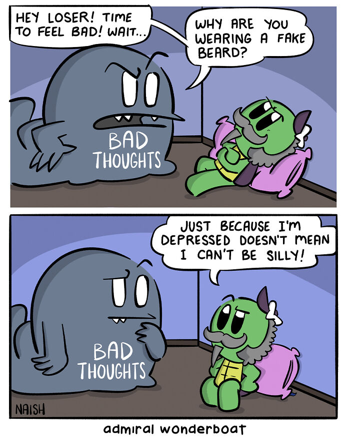 Comic strip showing humor in challenges with characters labeled bad thoughts and a cheerful figure wearing a fake beard.