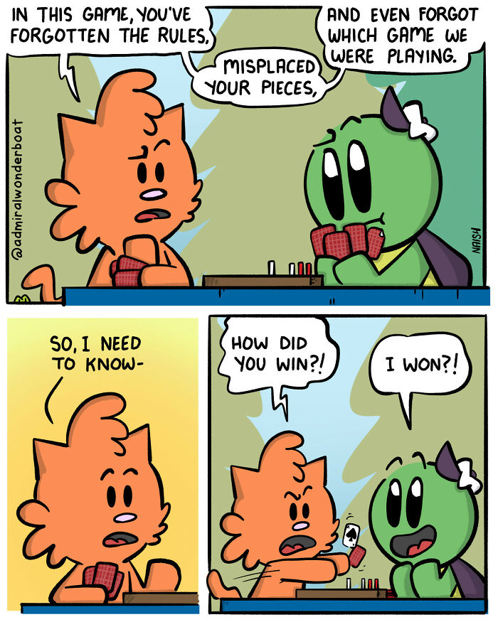 Comic strip showing two characters humorously highlighting challenges and friendships while playing a game with misplaced pieces.