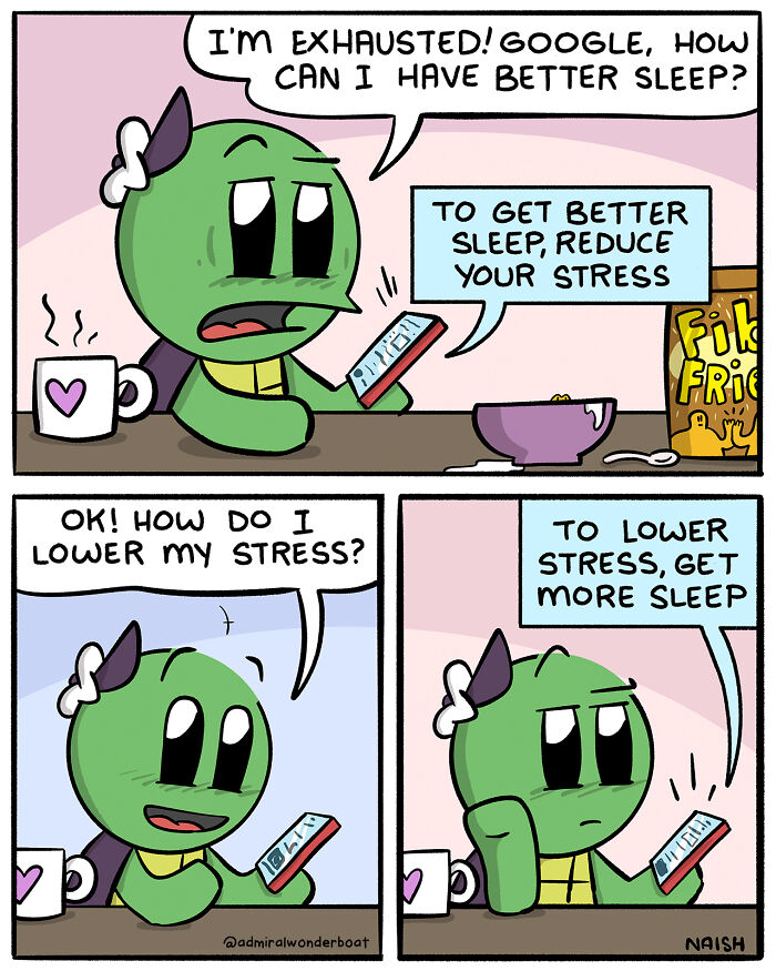Comic featuring a character humorously discussing sleep and stress in a relatable challenge about friendship and life.