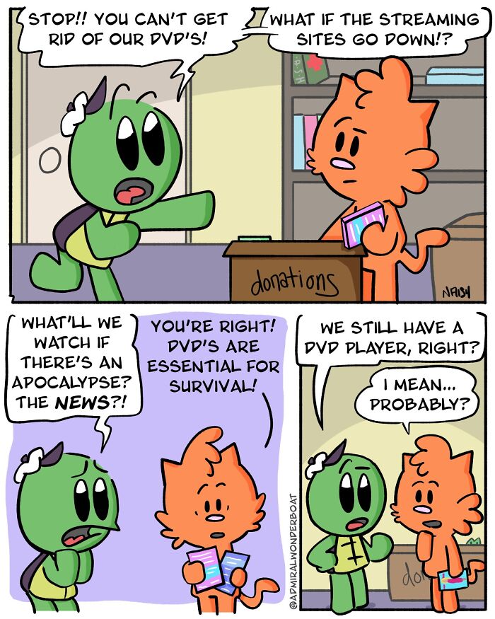 Comic strip showing two characters humorously discussing the importance of DVDs and streaming sites in challenges and friendships.
