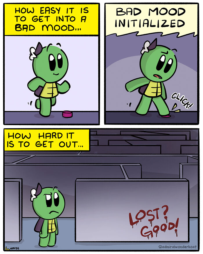 Comic strip featuring a small green turtle in a bad mood, illustrating humor in challenges and friendships.