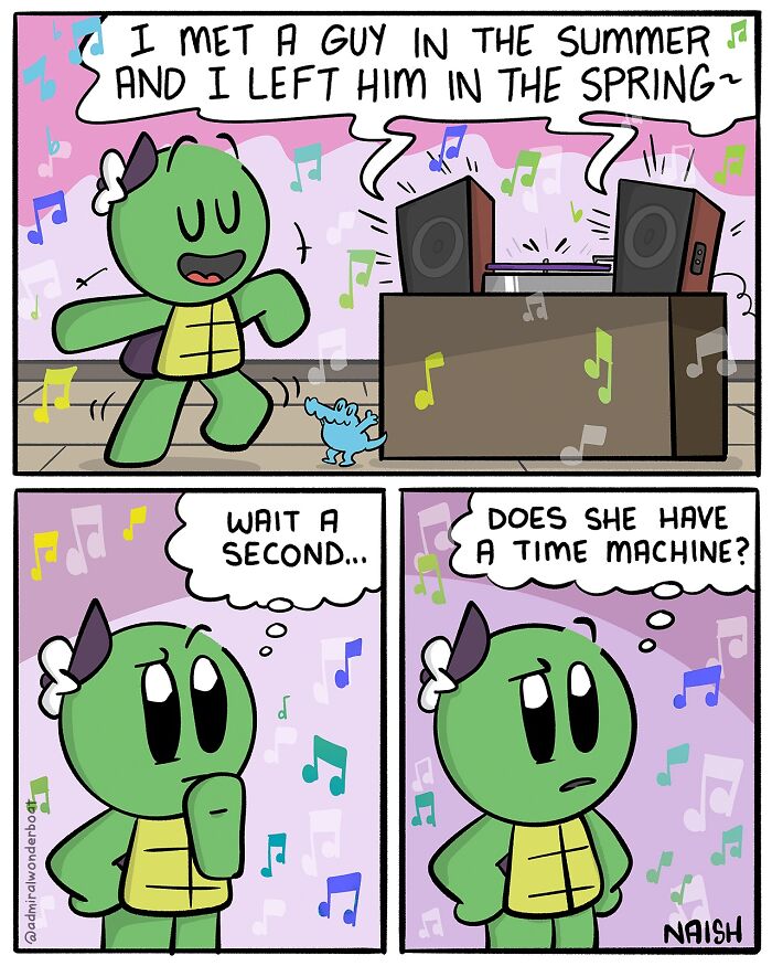 Comic panels featuring a green turtle character highlighting humor in challenges and friendships with colorful musical notes.