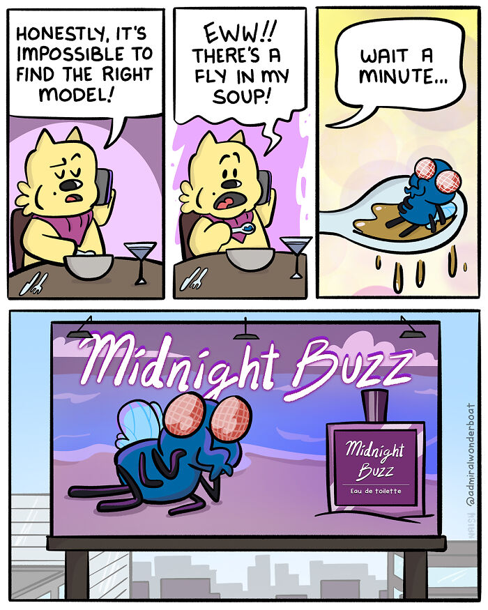 Comic depicting humor in challenges and friendships with a cat, a fly in soup, and a billboard for Midnight Buzz fragrance.