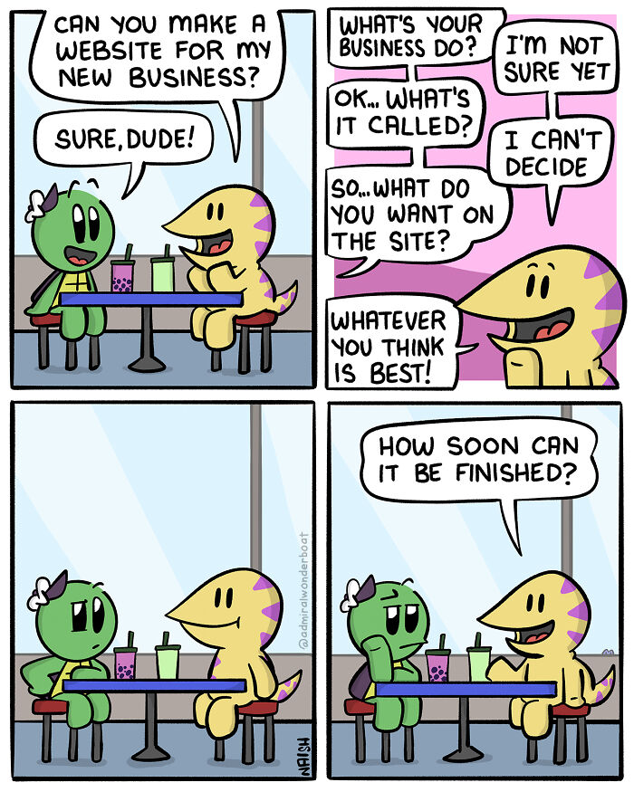 Cartoon characters humorously discuss challenges of creating a new business website in a colorful, friendly comic style.