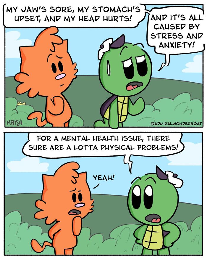 Comic strip showing two characters discussing physical symptoms caused by stress and anxiety, highlighting humor in challenges and friendships.