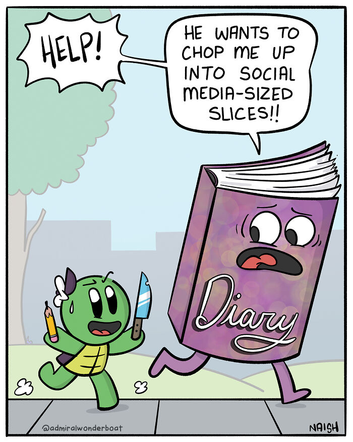Comic showing a humorous cartoon diary running scared from a turtle with a knife, highlighting challenges and humor in comics.