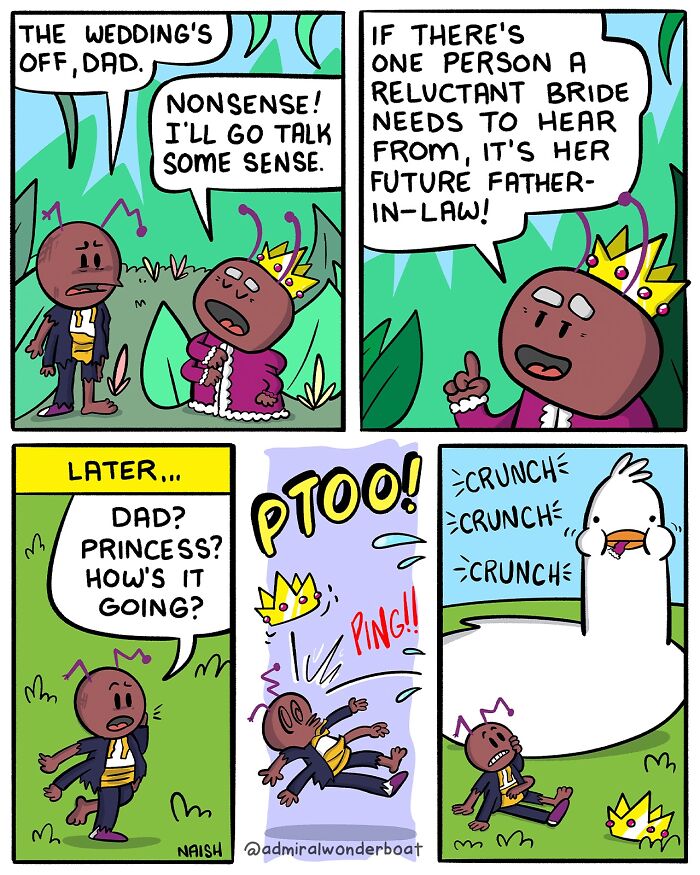 Comic strip showing humor in challenges and friendships with a king and a reluctant bride from the artist.