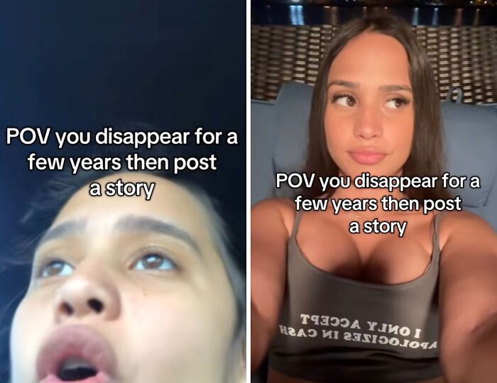 Two side-by-side images showing people returning to social media after a hiatus, capturing surprised and confident expressions.