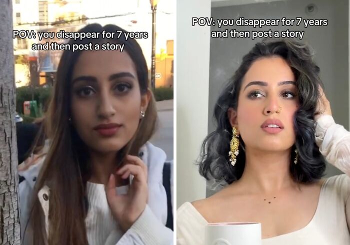 Two side-by-side photos of a woman illustrating people returning to social media after a long hiatus with a dramatic change in appearance.