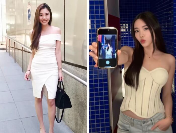 Two young women dressed stylishly, one posing outdoors and the other taking a selfie indoors after a social media hiatus.