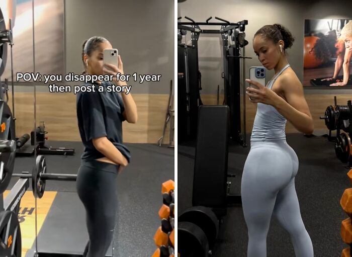 Woman returning to social media with a bang after a hiatus, showing fitness progress in gym mirror selfies.