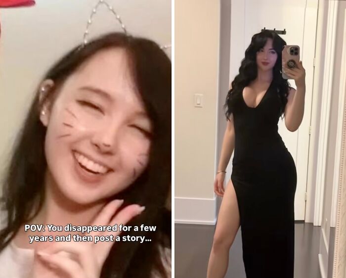 Smiling woman with cat ears filter and confident woman in black dress taking a mirror selfie showing social media return after hiatus.