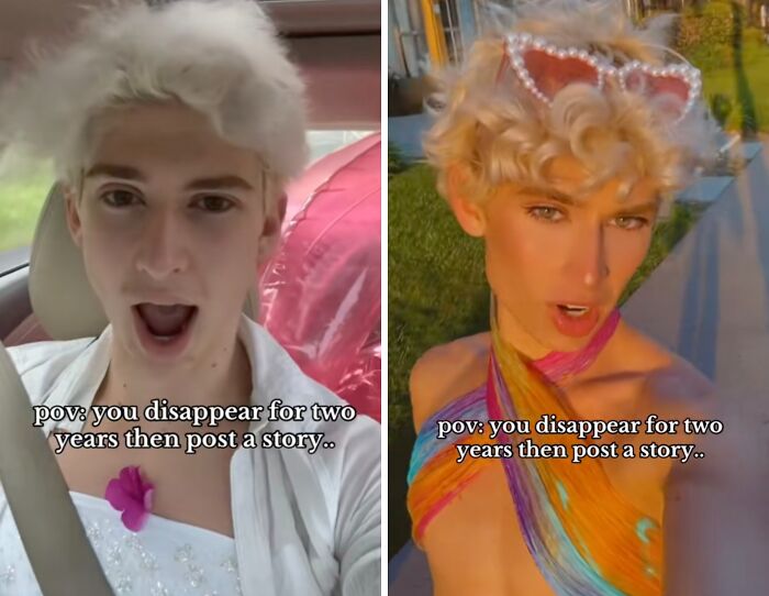 Young person with blonde curls filming video after social media hiatus, showcasing a vibrant post with colorful outfit and accessories.