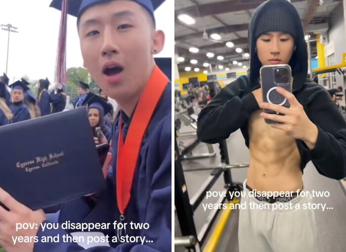 Young man returns to social media after a hiatus, showing graduation and fitness transformation in separate images.