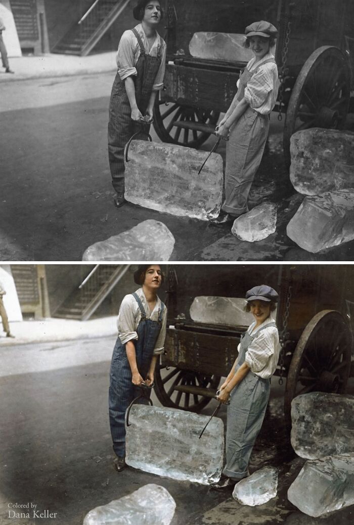 Two women carrying a large block of ice in an outdoor setting, shown in colorized historical pictures perspective.