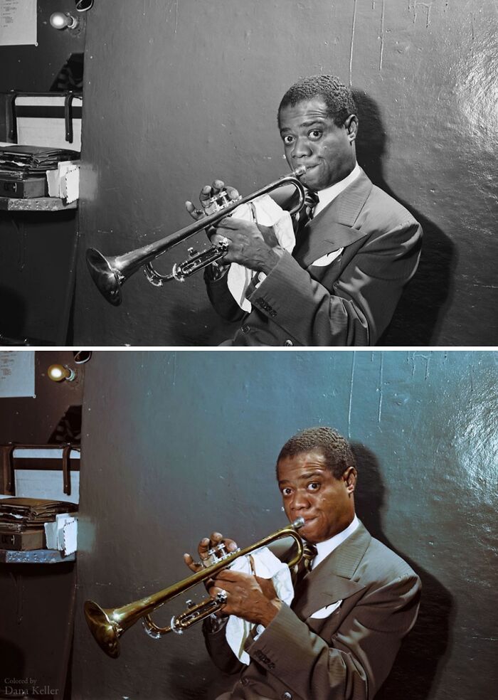 Black and colorized historical pictures showing a man playing trumpet in a suit, highlighting colorized historical images.