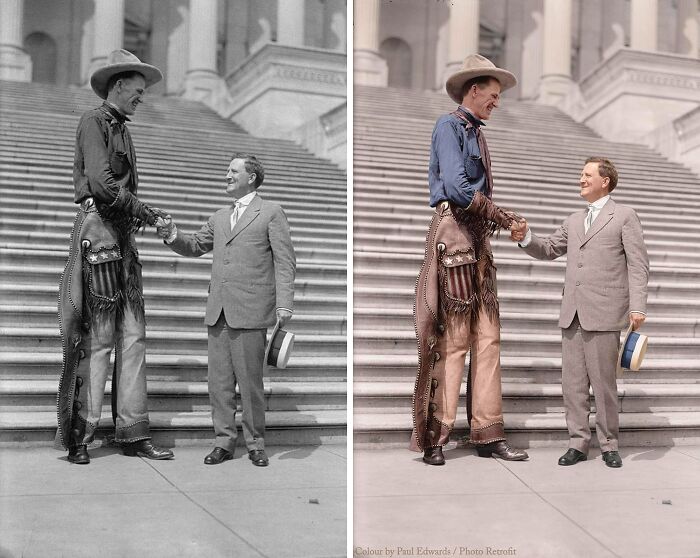 Side-by-side comparison of a historical black and white photo and its colorized version showing two men shaking hands on steps.