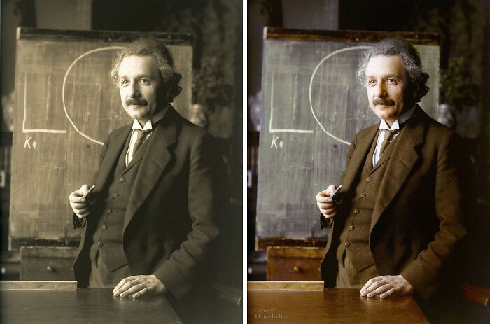 Side-by-side comparison of a historical black and white and colorized picture of Albert Einstein in a classroom setting.