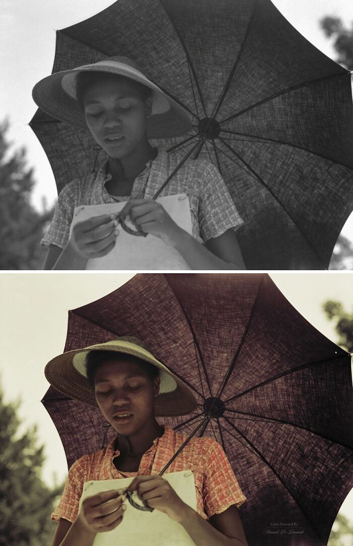 Young woman holding an umbrella and paper, shown in original and colorized historical pictures for new perspective.