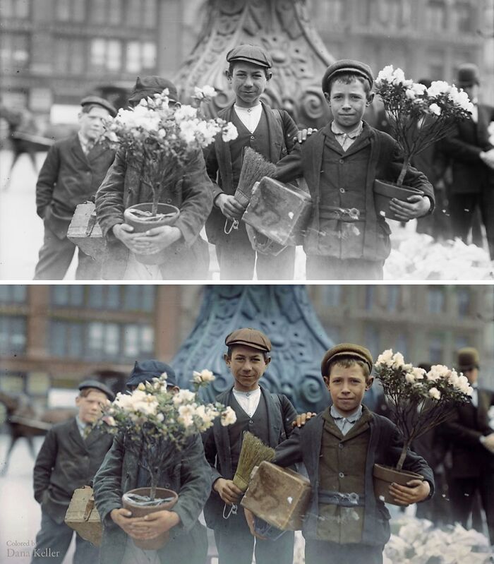 Three boys holding flowers and tools in a vintage city scene, showcasing colorized historical pictures for new perspective.