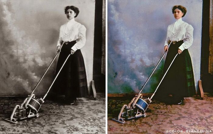 Side-by-side colorized historical pictures showing a woman using an early vacuum cleaner in vintage attire.