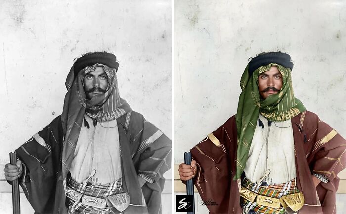 Black and colorized side-by-side historical portrait of a man wearing traditional clothing and headgear, offering new perspective