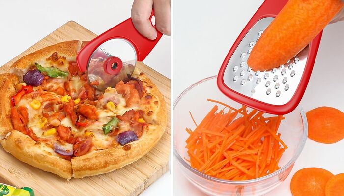 Kitchen tools for slicing pizza and shredding carrots, showcasing weird kitchen inventions that improve food preparation efficiency.