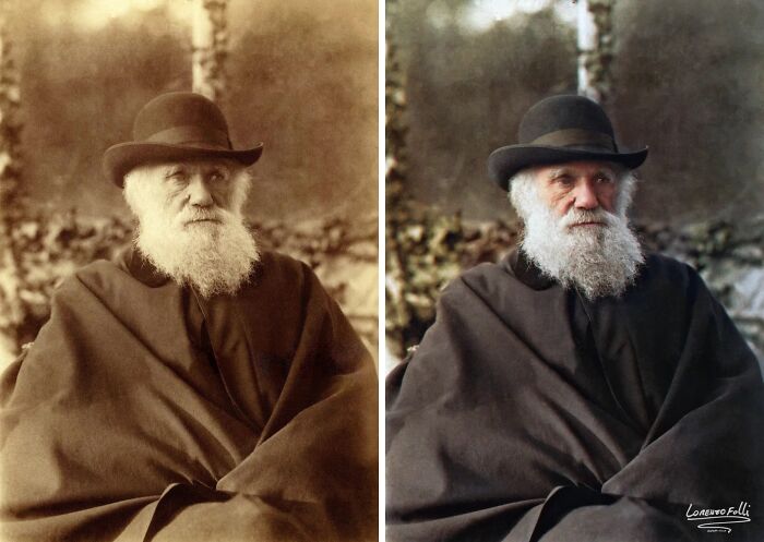 Side-by-side comparison of a colorized historical picture showing an elderly man with a beard and hat outdoors.