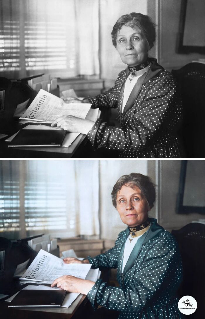 Black and white and colorized historical pictures showing a woman reading a newspaper at a desk indoors.