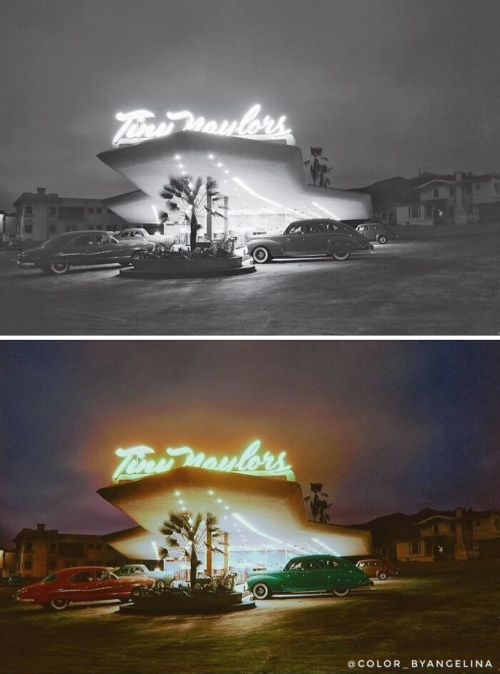 Vintage diner with classic cars in black and white and color, showcasing colorized historical pictures perspective at night.