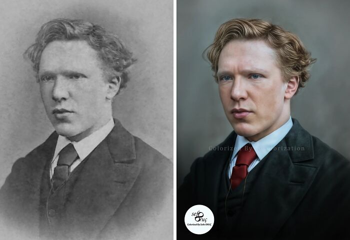 Black and white historical portrait beside its colorized version showing a young man in formal attire for colorized historical pictures.