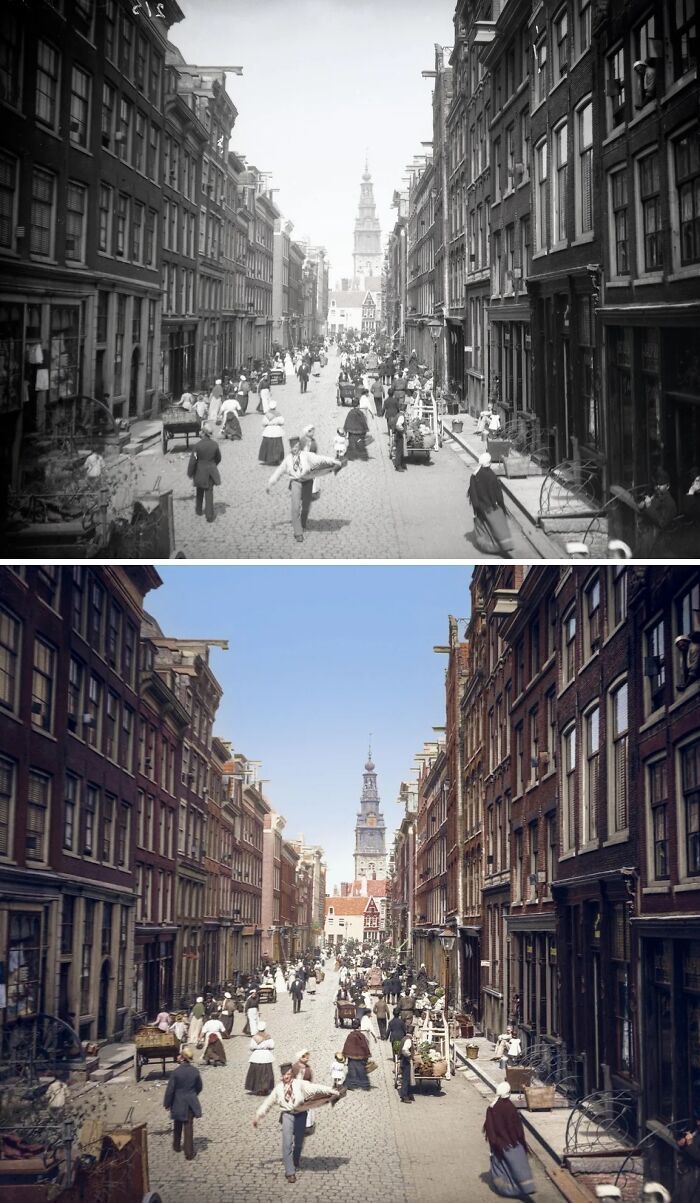 Crowded historical street scene with people in period clothing, shown in black and white and colorized versions.