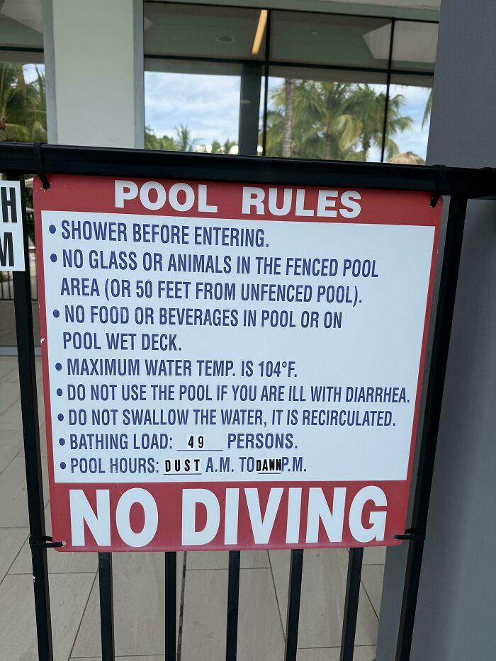 Pool rules sign displaying typos in words like "dawn," "dust," and spacing errors affecting readers' intelligence perception.