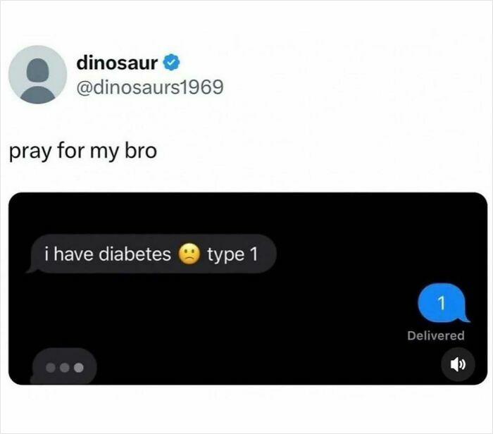 Text message meme showing someone saying they have type 1 diabetes, replied with just the number 1, random and chaotic meme humor.
