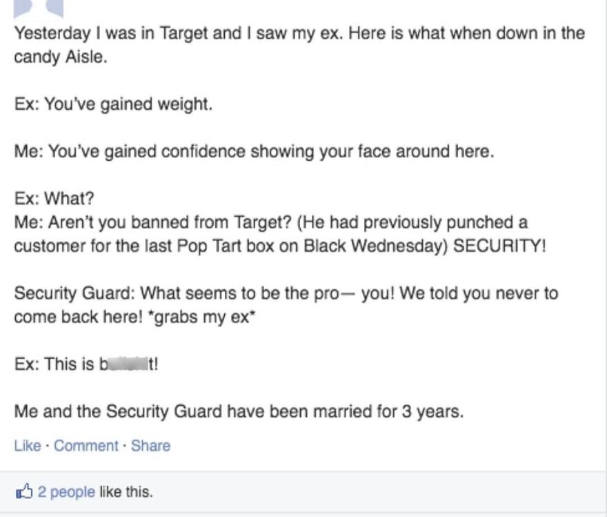 Screenshot of a funny totally true story about an ex getting banned from Target and caught by security.