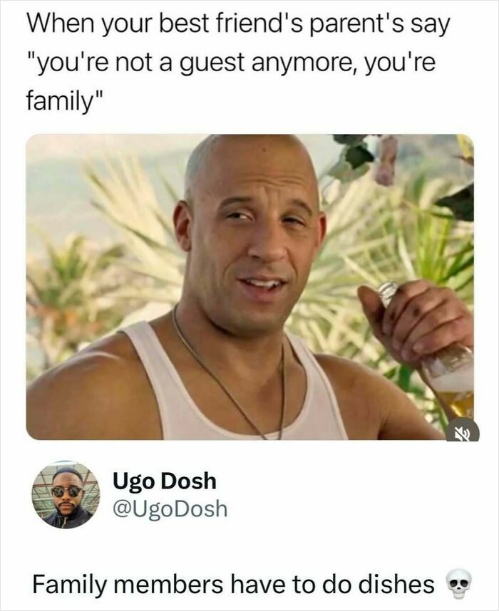 Man in a tank top holding a drink with a funny caption about family and chaotic memes humor.