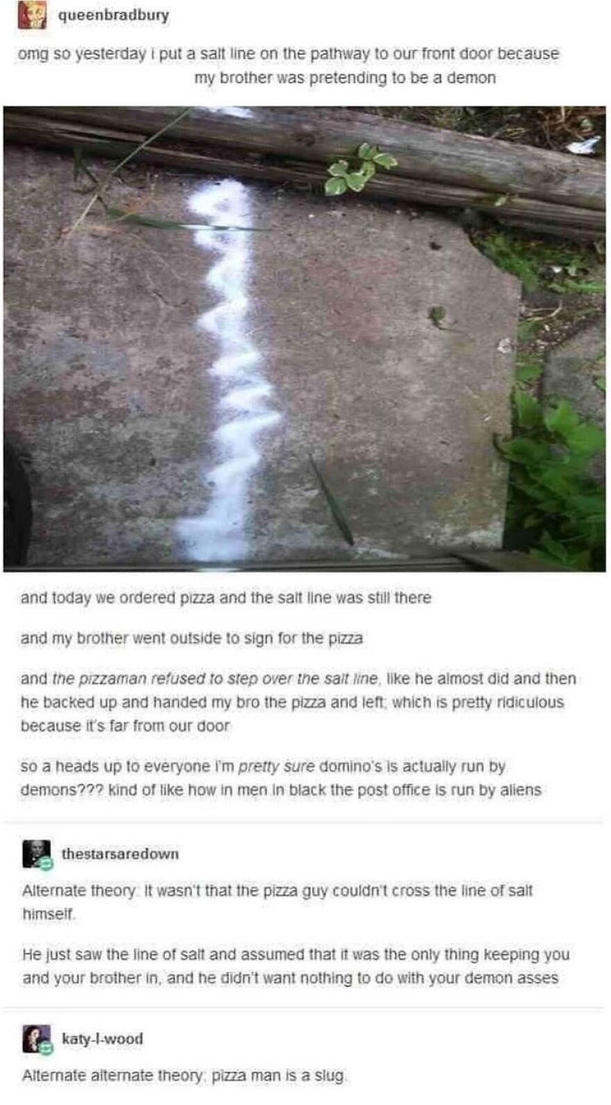 A salt line on a pathway to a door with a story about a pizza delivery avoiding crossing it in these totally true stories.