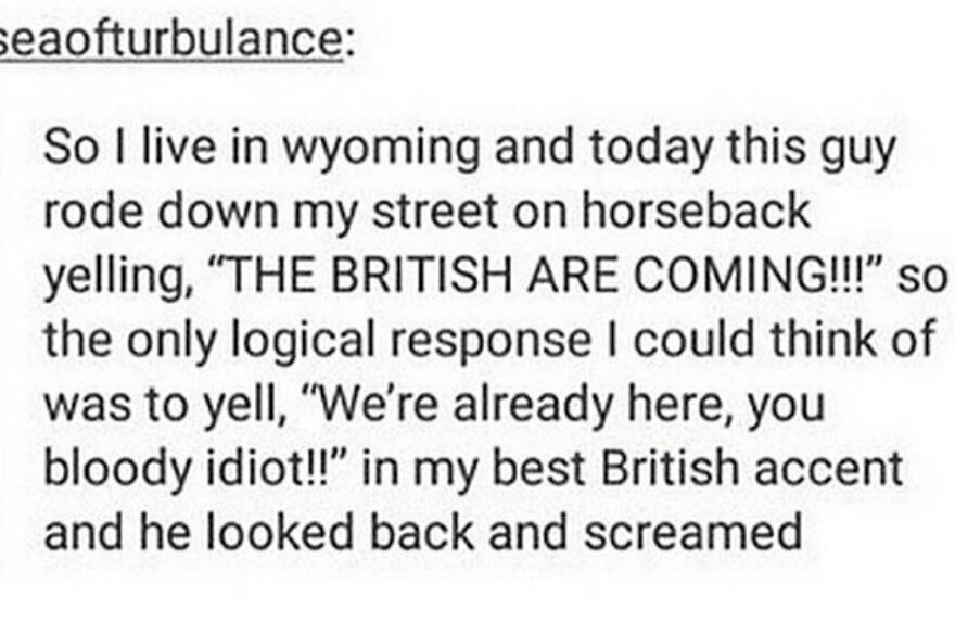 Text post about a funny encounter in Wyoming, shared as part of totally true stories that happened.