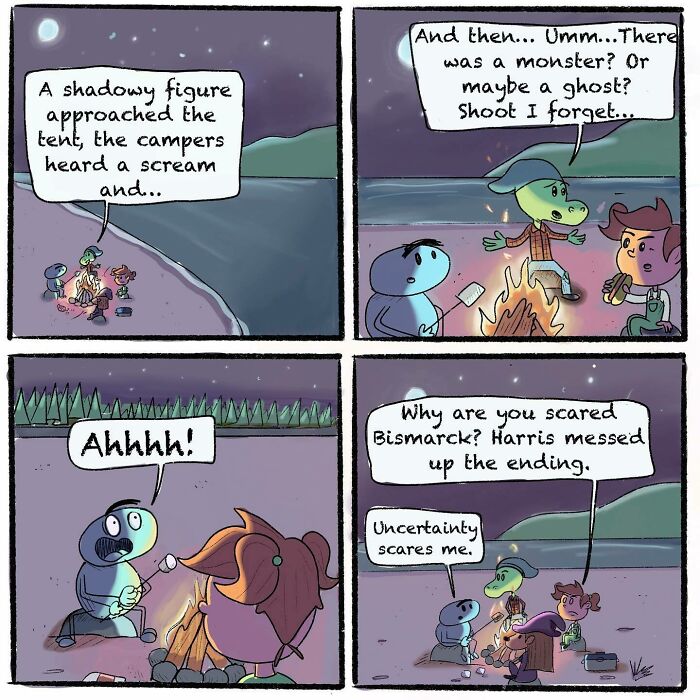 Comic panels showing campers by a campfire, featuring a girl and her spider best friend in a wholesome yet unhinged scene.