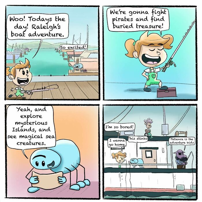 Comic panels showing a girl and her spider planning a boat adventure with themes of exploration and friendship.