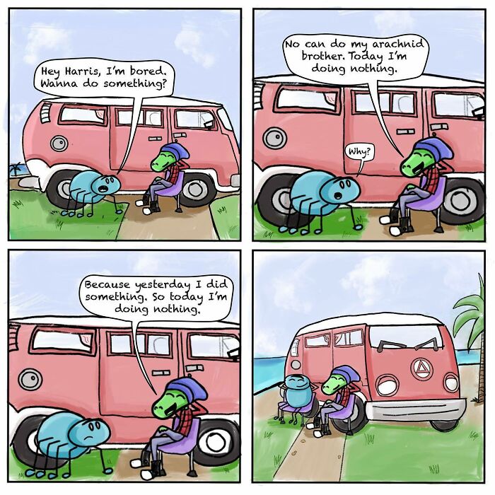 Comic panels of a girl and her spider best friend relaxing by a red van, showcasing wholesome and unhinged friendship moments.