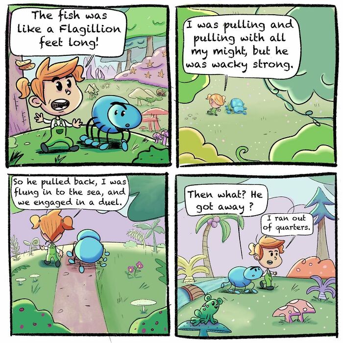 A colorful comic strip featuring a girl and her spider friend in a whimsical outdoor adventure scene.