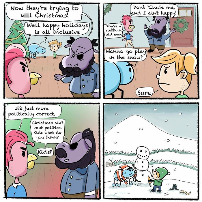 Comic panels showing a girl and her spider best friend discussing holidays and playing in the snow in a wholesome, unhinged style.