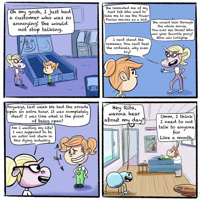 Comic panels showing a girl and her spider friend discussing annoying customers and the girl's tough day in a whimsical setting.