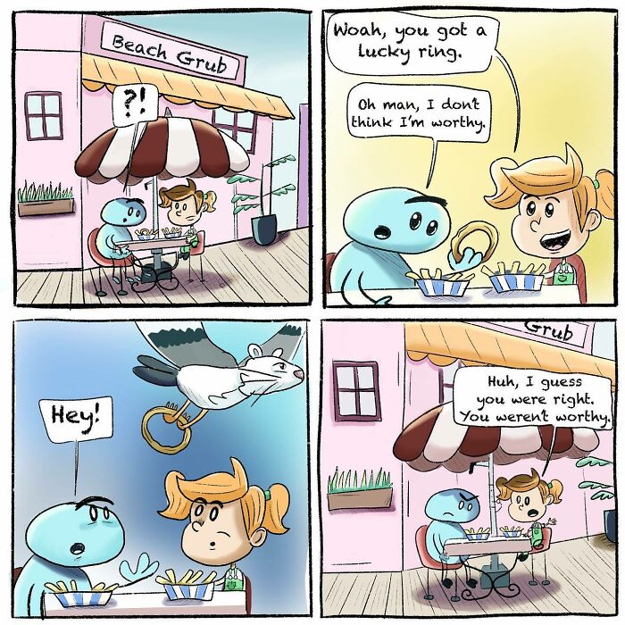 Comic panels showing a girl and her spider best friend sharing a funny moment with a lucky ring at a beachside eatery.