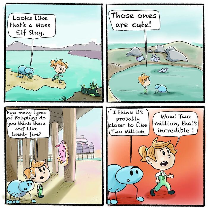 Comic panels showing a girl and her blue spider friend exploring nature and discussing creatures in a wholesome, quirky style.