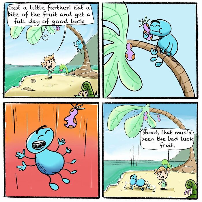 Comic showing a girl and her spider friend interacting with a mysterious fruit on a beach in a wholesome, quirky style.